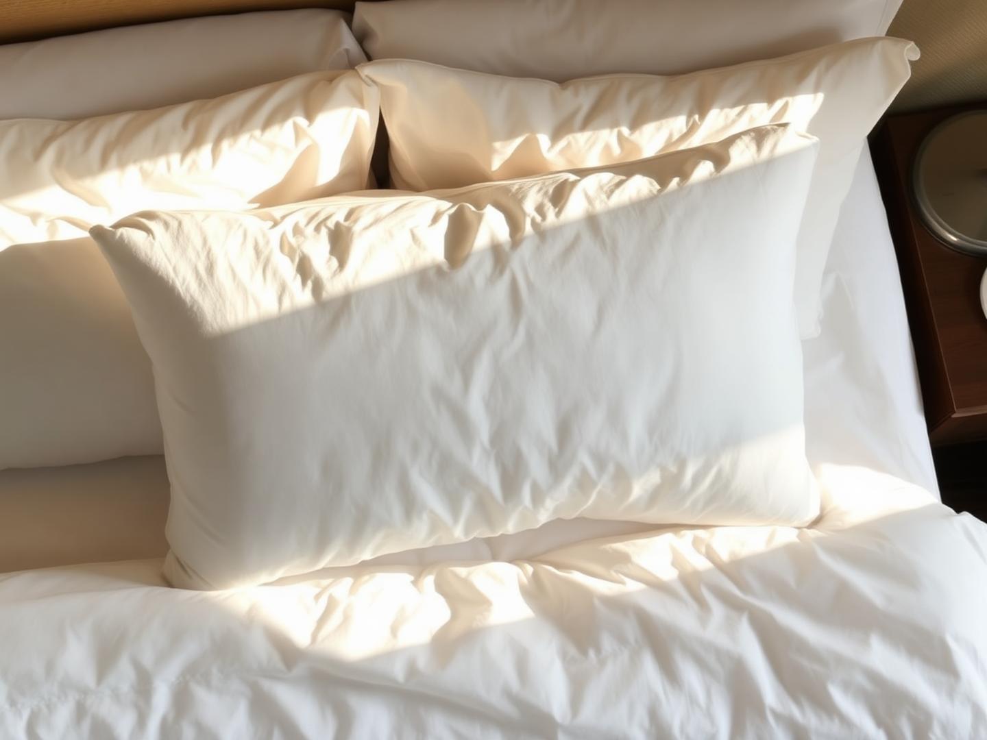 Freshly fluffed white down pillow on crisp hotel linens in warm morning light